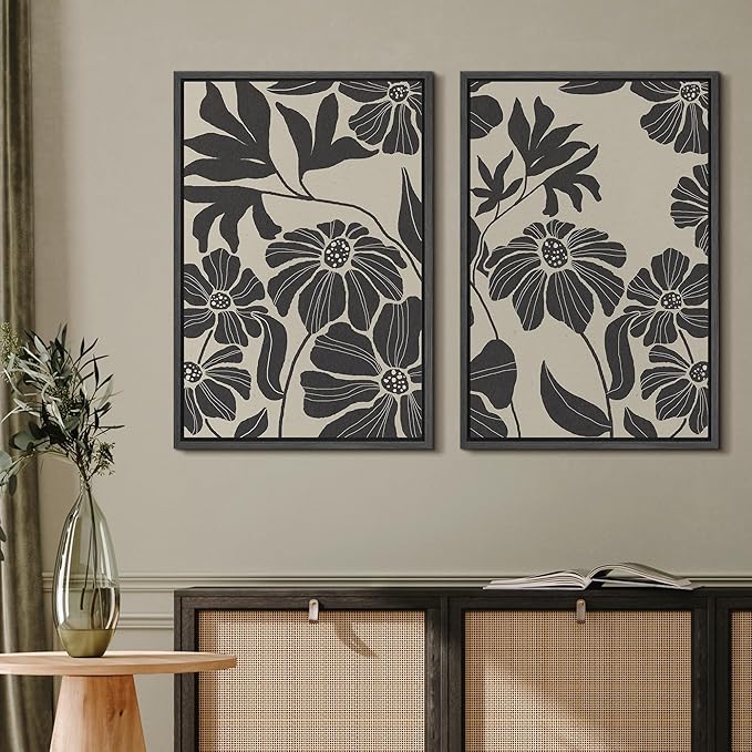 MUDECOR Framed Canvas Print Wall Art Monochrome Floral Botanical Black and White Illustrations Modern Art Decorative Bohemian Colorful Chic for Living Room, Bedroom, Office - 16"x24"x2 Black