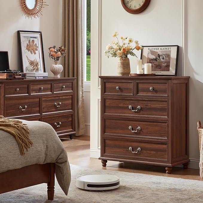 Farmhouse 5 Drawer Dresser Set of 2 for Bedroom, 35" Tall Rustic Chests of Drawers w/ 4 Solid Wood Feet, Mid Century Vintage Wooden Closet Storage Dressers Organizer for Living Room,Brown