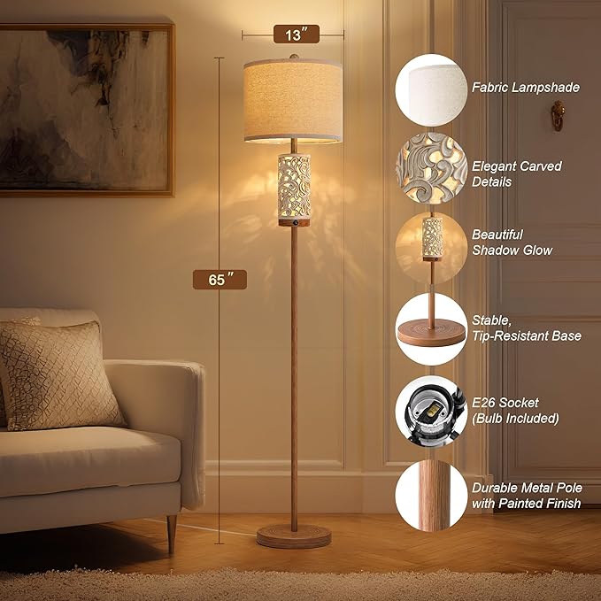 OYEARS 65" Floor Lamp with Night Light,Farmhouse Floor Lampfor Bedroom,Tall Floor Lamp for Living Room,Vintage Standing Lamp with Linen Shade,Boho Reading Lamp for Home Decor (Brown,Bulbs Included)
