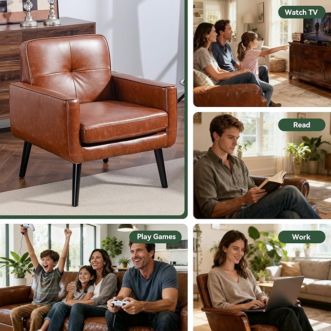Vogue Furniture Direct Accent Chair Set of 2, PU Leather Modern Chair with Wooden Frame, Cozy Armchair Reading Chair with Comfy Back for Apartment, Living Room, Bedroom, Small Space, Corner, Brown