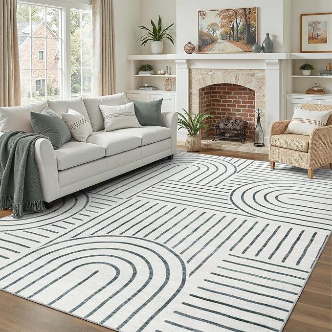 DCX Abstract Machine Washable 9x12 Rug, Gray Modern Accent Rug for Living Room, Soft Low Pile Non Slip Carpet, Kid & Pet Friendly Stain Resistant Rug for Bedroom Dining Room Office