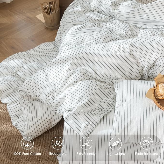 MooMee Striped Duvet Cover Set 100% Washed Cotton Linen Like Textured Breathable Durable Soft Comfy (White Heathered Green Wide Stripes, King 104"x90")