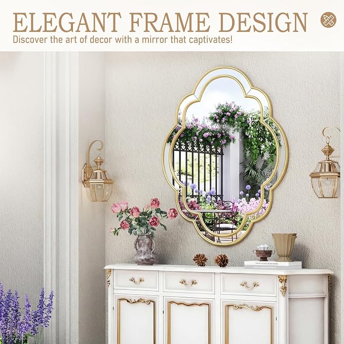 Gold Oval Mirror - 24"x32" Gold Scalloped Edge Mirrors with Beveled Glass Frame, Wall Decor Mirror for Living Room, Bedroom, Entryway,Hallway