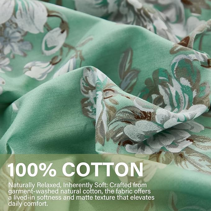 Floral Duvet Cover Queen Size Soft 100% Nature Cotton Vintage Style Green Bedding Set with Zipper Closure 3 Pcs Cottagecore Botanical Duvet Cover, Ultra Soft, Breathable