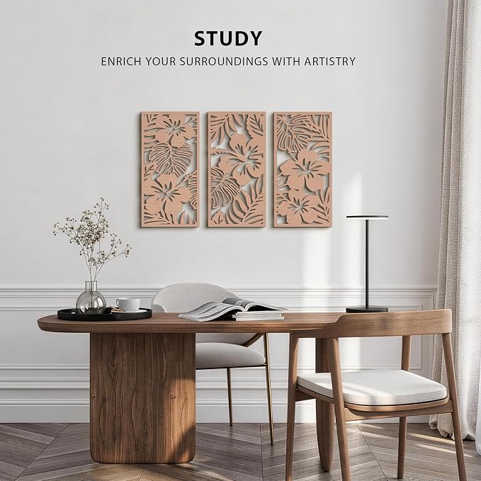 VIYYIEA Boho Solid Wood Carved Wall Art Set of 3, Geometric Minimalist Wooden Home Decor Panels, Handcrafted Solid Wood Wall Hanging for Living Room Bedroom Hallway, 16 x 8 Inch Each (Blooms)