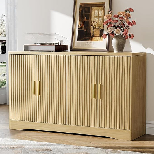 55" Modern Sideboard Buffet Cabinet with Storage, 4 Door Fluted Credenza Table Media Console Cabinet Entryway Cabinets for Living Room Kitchen, Wood
