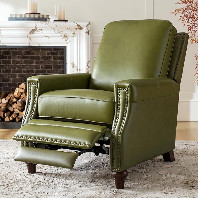 HULALA HOME Genuine Leather Recliner Chair, Classic Push Back Recliner Armchair with Thick Seat and Backrest (Olive)
