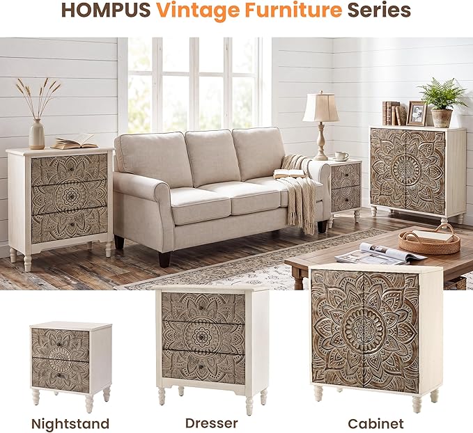 HOMPUS White 3 Drawer Dresser, Farmhouse Nightstand with 3 Drawers, Wood Night Stand with Lotus Carved Pattern, Vintage Nightstand with Storage, Small Chest of Drawers for Bedroom, Living Room, White