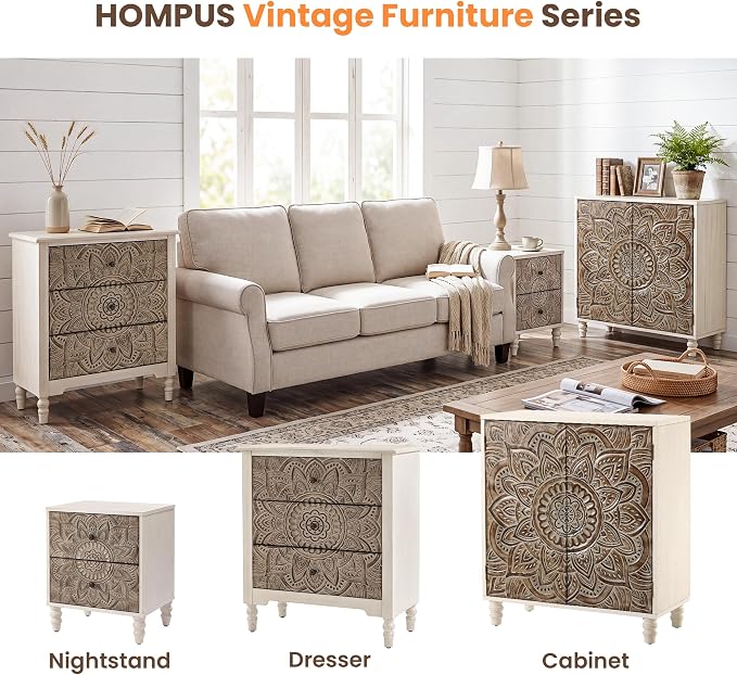 HOMPUS White Nightstands Set 2, Vintage Nightstands with 2 Drawers, Farmhouse Bedside Tables Set of 2, Easy to Assemble End Tables with Lotus Pattern for Small Spaces, Bedroom, Guest Room, White
