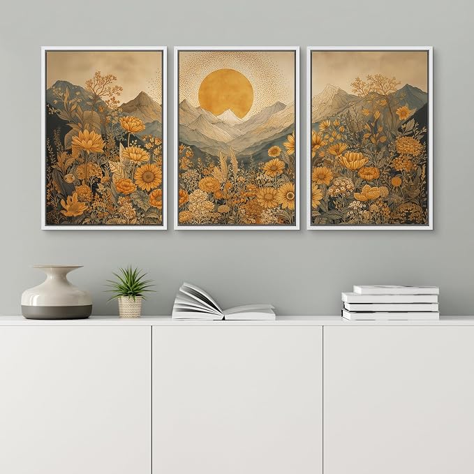 wall26 Framed Print Wall Art Set Boho Sunflower Mountain Vintage Yellow Floral and LandscapeDecorative Minimal Relax/Zen for Living Room, Bedroom, Office - 16"x24"x3 WHITE