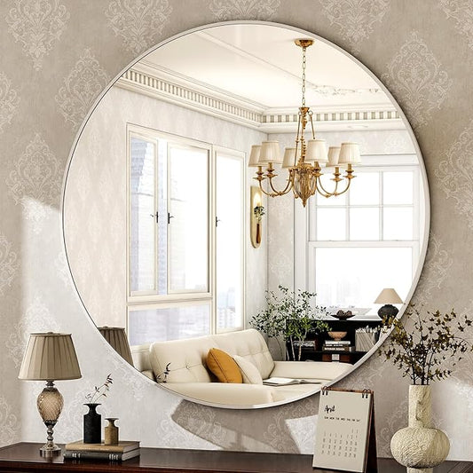 HARRITPURE Round Mirror 30" White Wall Mounted Circle Mirrors Vanity Mirror with Brushed Aluminum Alloy Frame Modern Decoration for Bathroom, Living Room, Vanity, Bedroom, Entryway