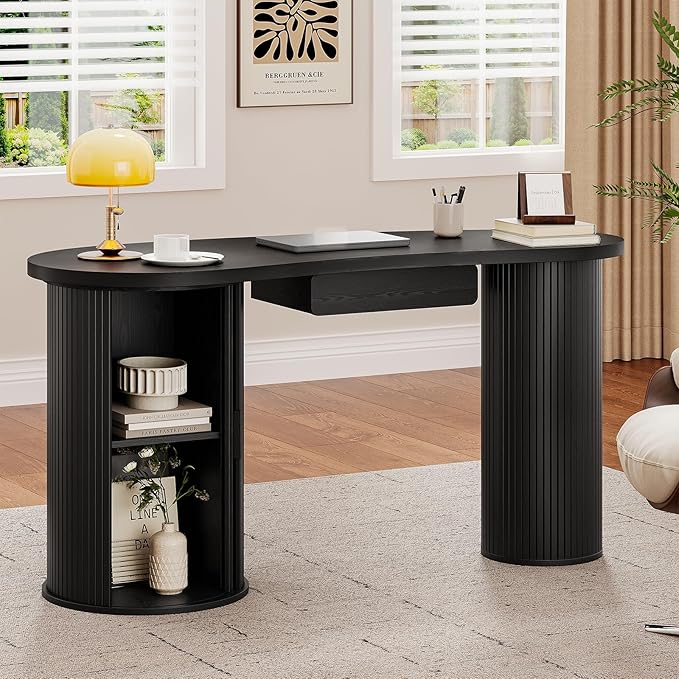 ONBRILL 59 Inches Fluted Office Desk with Storage, Bean-Shaped Computer Desk with Drawer, Mid-Century Modern Curved Corner Desk with Sliding Door for Work and Study,Black
