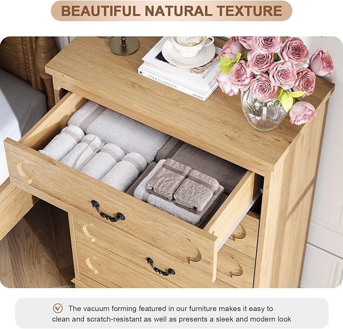 LIDYUK 5 Drawer Dresser for Bedroom Farmhouse Natural Wood Chest of Drawers for Bedroom Dresser, Rustic 46" Tall Wide Drawers Dressers Wooden Closet Storage Cabinet, Hallway, Living Room