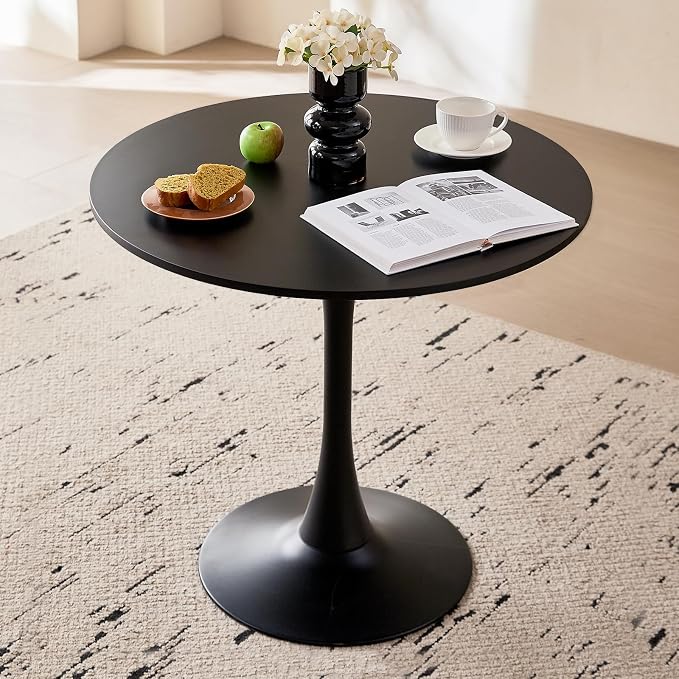 23.6" Round Dining Table for 2-4 Modern Circle Tulip Table with Metal Tulip Pedestal Base for Kitchen Dining Living Room Apartment Small Space Cafe, Black