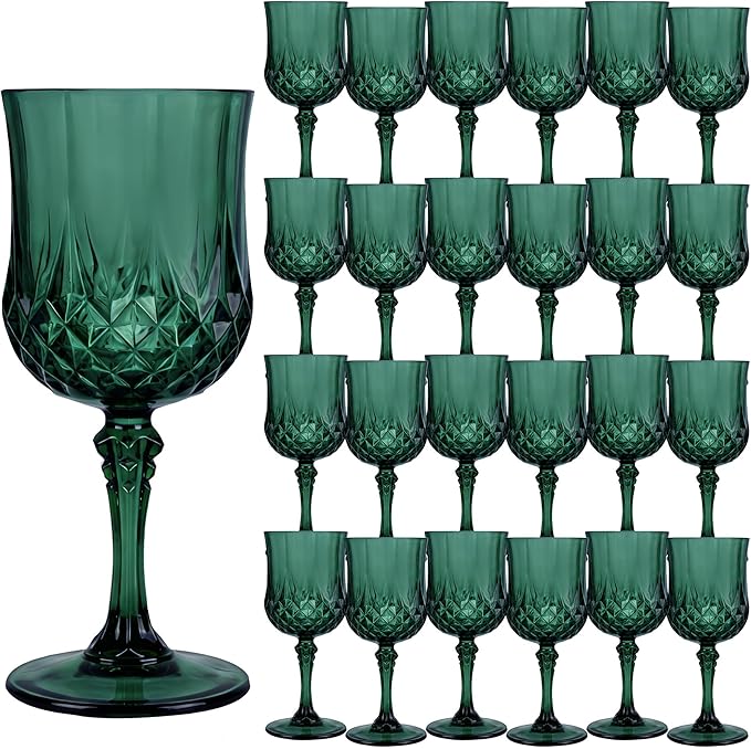 Plastic Wine Glasses, Plastic Goblets Vintage Style Cordial Drinking Glasses for Valentine’s Day, Wedding Reception, Grand Event Party Supplies (24, Green)