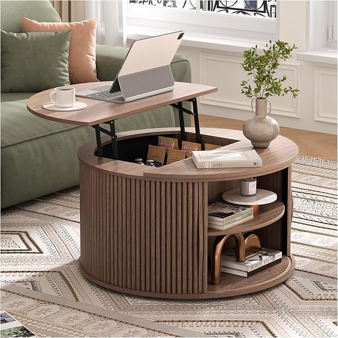 31.5" Round Lift Top Coffee Table with Hidden Storage, Mid Century Modern Walnut Drum Coffee Table for Living Room, Wood Fluted Design Center Table for Small Apartment & WFH
