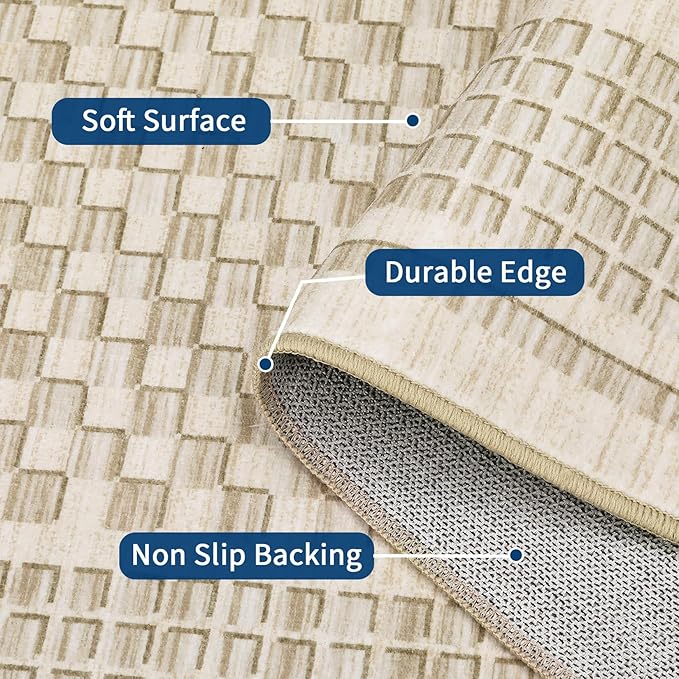 Washable Area Rug 9x12 Rug for Living Room Modern Plaid Large Area Rug for Bedroom Decor Farmhouse Non Slip Throw Rugs Low Pile Stain Resistant Carpet for Office Dining Room 9'x12' Beige
