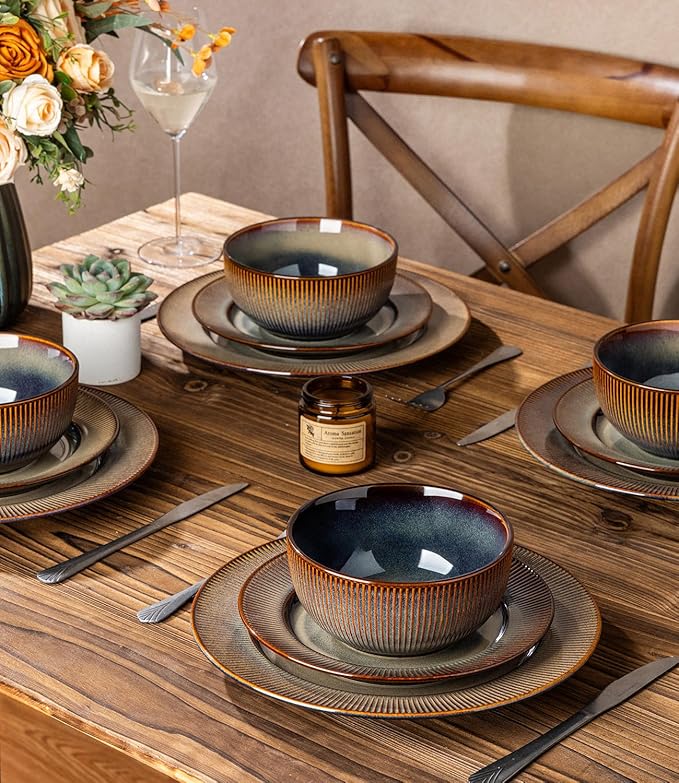 TheTerra Stoneware Dinnerware Sets for 6, 18 Pieces Ceramic Lightweight Plates and Bowls Sets, Scratch Resistant Embossed Dish Set, Oven, Microwave & Dishwasher Safe, Coca Mocha