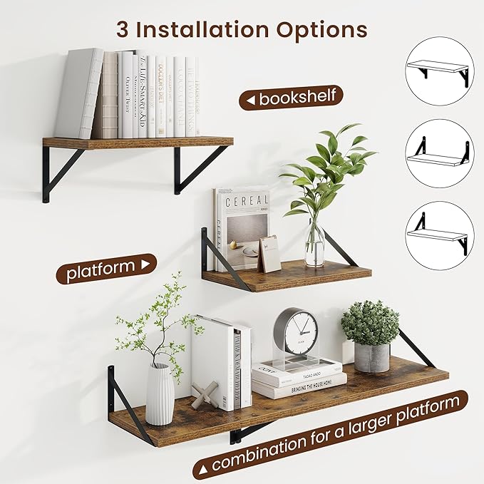 Axeman Deep Floating Shelves | 16 Inch Brown Wall Shelves Set of 2 | 10 Inch Deep Wood Floating Shelves for Wall | 16" W x 10" D Rustic Brown Shelves for Living Room Bathroom Kitchen