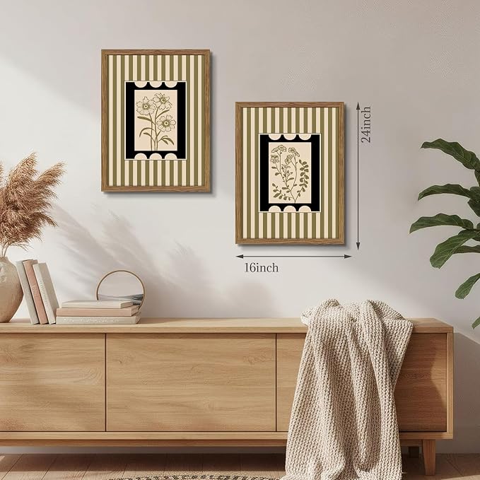 Framed Vintage Botanical Wall Art Set of 2, Olive Green Striped Floral Line Drawing Canvas Prints, Minimalist Nature Plant Artwork, Rustic Wall Decor for Living Room Bedroom Entryway 16x24in