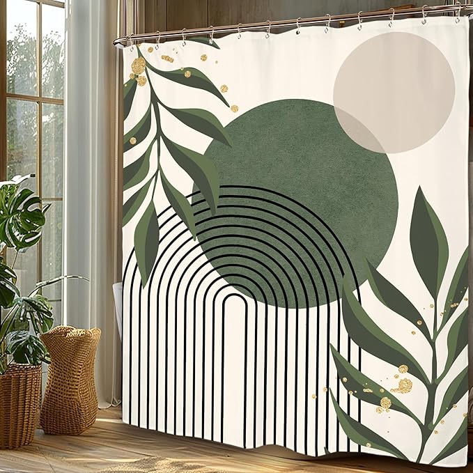 Miyotaa Abstract Sage Green Modern Shower Curtain Set 71Wx84H Inches Minimalist Aesthetic Extra Long Contemporary Plant Monstera Leaves Polyester Waterproof Bathroom Curtain with 12 Hooks