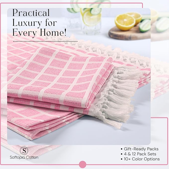 Matrix Dobby Kitchen Towels 4 Pack 100% Cotton, 16x26 Inches, Dish Towels with Knotted Tassels, Reusable and Washable Cloths for Cleaning, Drying Dishes - Rose Pink, Natural
