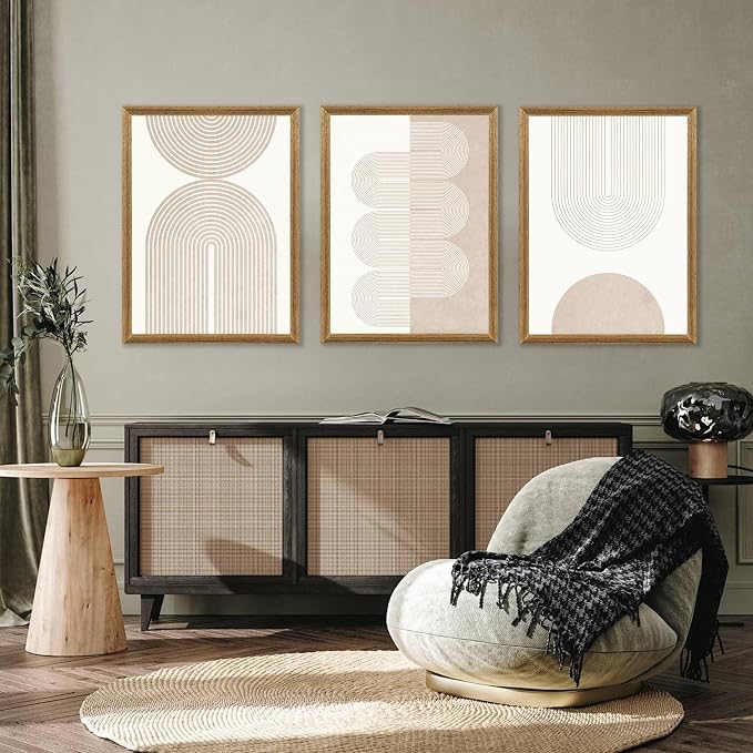 PicturePerfect Decor Wall Art 3 Piece Set, 16x24Inch Geometric Line Prints, Neutral Abstract Canvas Triptych for Living Room Bedroom Office Hallway, Mid-Century Modern Decor with Wood Frame