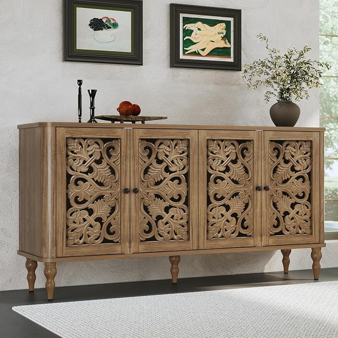 ARTPOWER 63" Retro Arc Carved Sideboard Buffet Cabinet, 4 Craft Doors Wooden Accent Credenza for Living Room, Dining Room, Entryway, Hallway, Light Walnut