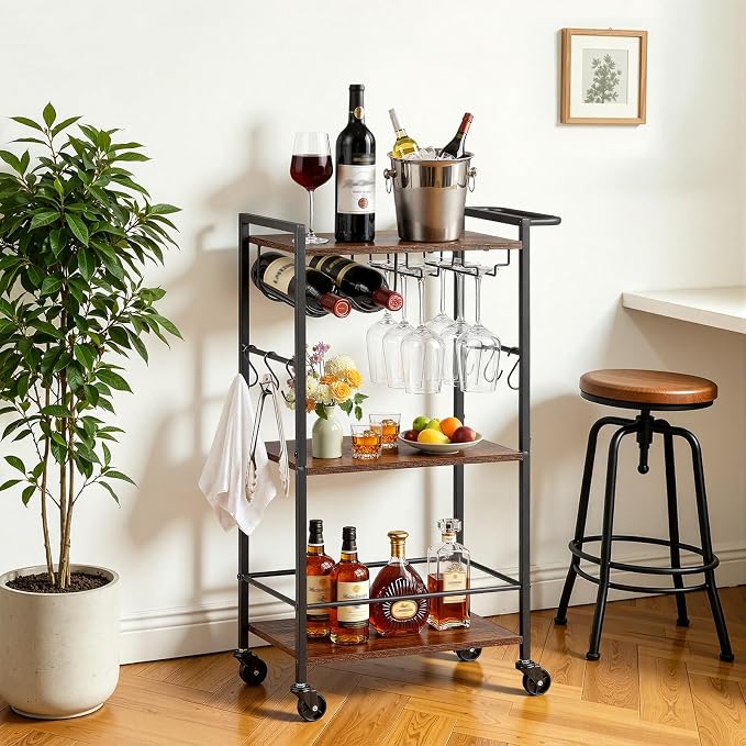 VEVOR Bar Cart, 3 Tiers Home Kitchen Serving Carts, Industrial Rolling Utility Station on Wheel, Mobile Drink Beverage Shelf with Wine Rack & Glass Holder, 20.08x11.02x33.07 in, Rustic Brown and Black