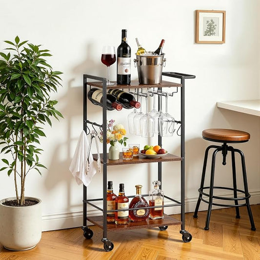 VEVOR Bar Cart, 3 Tiers Home Kitchen Serving Carts, Industrial Rolling Utility Station on Wheel, Mobile Drink Beverage Shelf with Wine Rack & Glass Holder, 20.08x11.02x33.07 in, Rustic Brown and Black