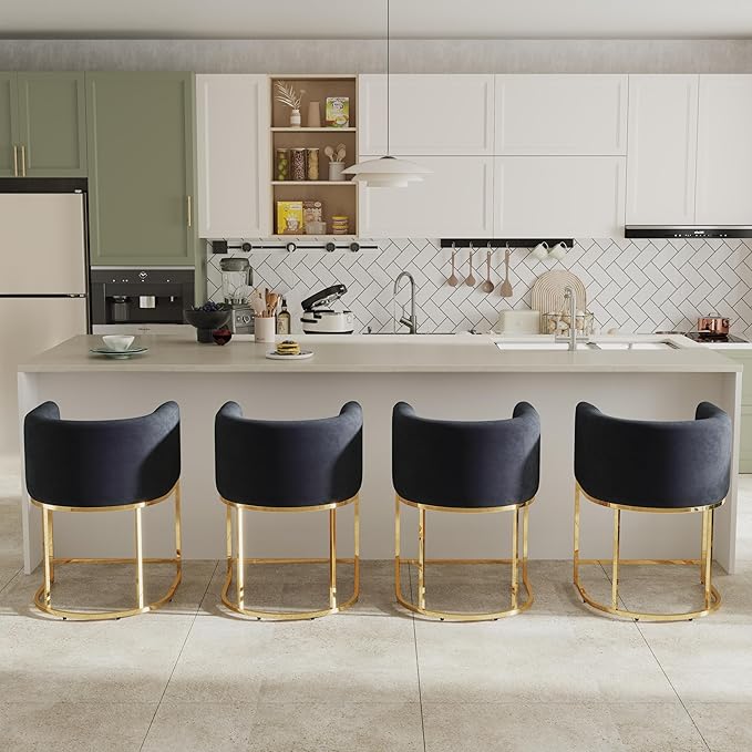Contemporary Black Velvet Bar Stools Set of 4, 24" Upholstered Fabric Counter Height Barstools Kitchen Counter Island Stools with Screwed Together Golden Metal Base
