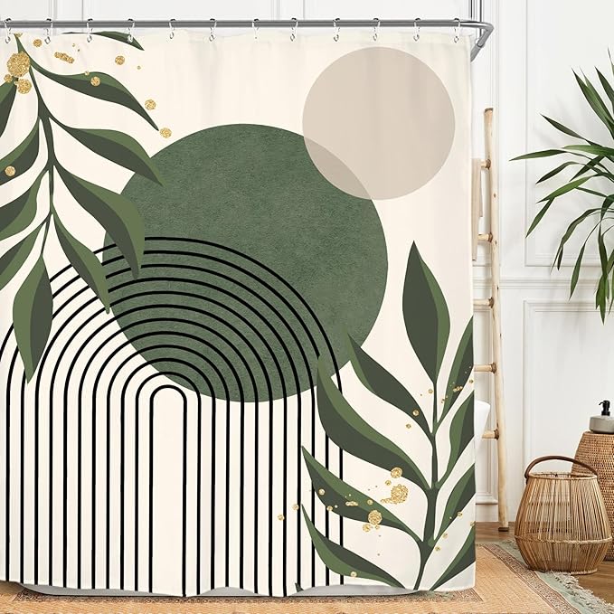 Miyotaa Abstract Sage Green Modern Shower Curtain Set 71Wx84H Inches Minimalist Aesthetic Extra Long Contemporary Plant Monstera Leaves Polyester Waterproof Bathroom Curtain with 12 Hooks