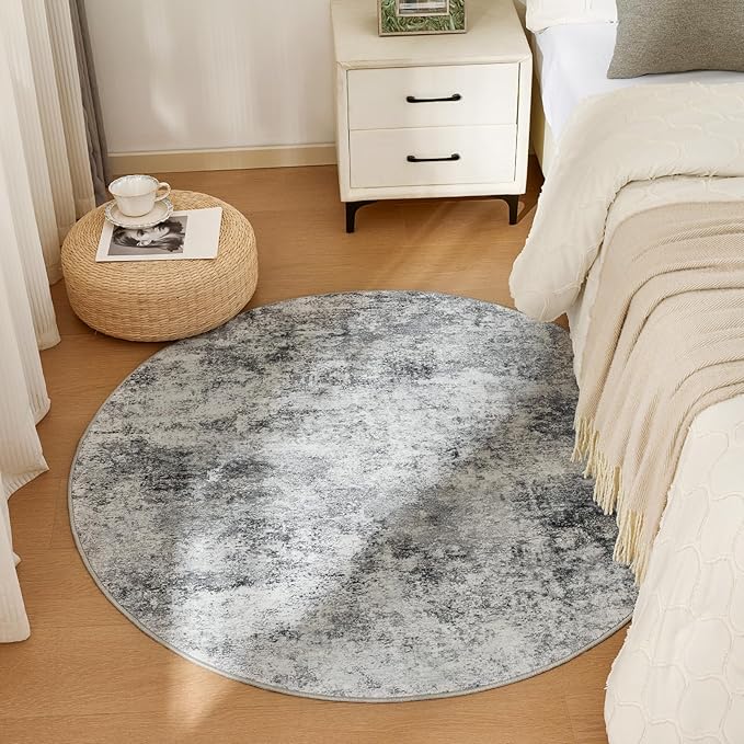 WITSHOCK 6ft Round Area Rug for Living Room: 6x6 Washable Neutral Modern Abstract Soft Thin Rug Indoor Floor No Slip Rug Carpet for Bedroom Under Dining Table Home Office Decor (Gray)
