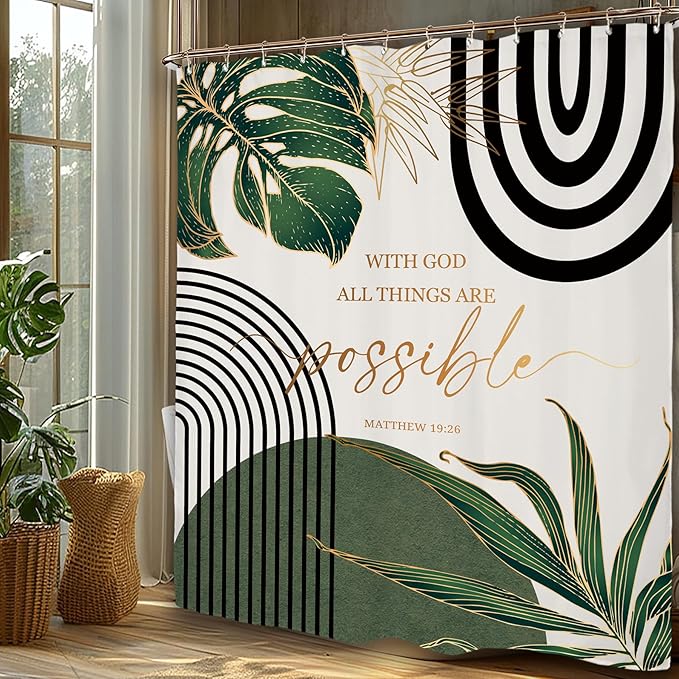 Miyotaa Emerald Sage Green Abstract Shower Curtain Set 60Wx71H Inches Minimalist Aesthetic Modern Contemporary Plant Quotes Bible Positive Polyester Waterproof Bathroom Curtain with 12 Hooks