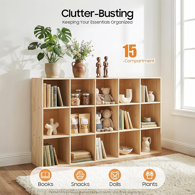 15-Cube Pine Wood Storage Organizer, Solid Wooden Bookshelf with Back Panel, 11in Shelf Opening Bookcase, Freestanding for Living Room, Bedroom, Office (59.1 x 11.8 x 35.4in)