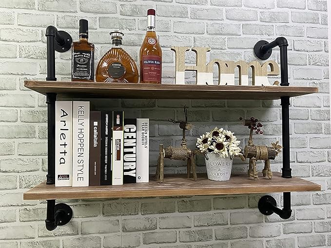 HDDFER Pipe Shelves Industrial Pipe Shelving Shelves Real Wood Industrial Floating Pipe Shelves with Wood Planks 36 inch Wall Shelves Rustic Hanging Bookshelf Farmhouse Kitchen Bar Shelving