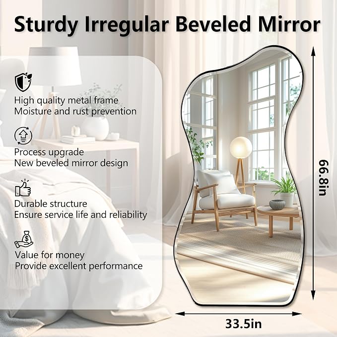 POZINO Irregular Full Length Mirror, 66.8"x33.5" Large Asymmetrical Beveled Mirror with Black Metal Frame, Organic Floor Mirrors for Entryway Hallway Cloakroom Living Room, Leaning/Wall-Mount