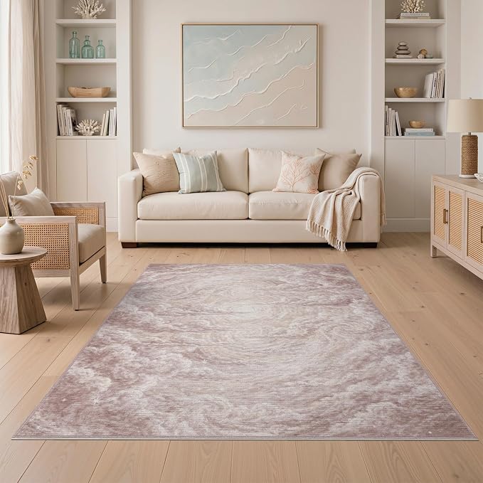 5'x7' Washable Flatwoven Rug, Light Beige Abstract Swirl Stain Resistant Area Rug for Guest Room, Lounge, Apartment, Non-Slip Low Profile Floor Covering | Ref:2208261