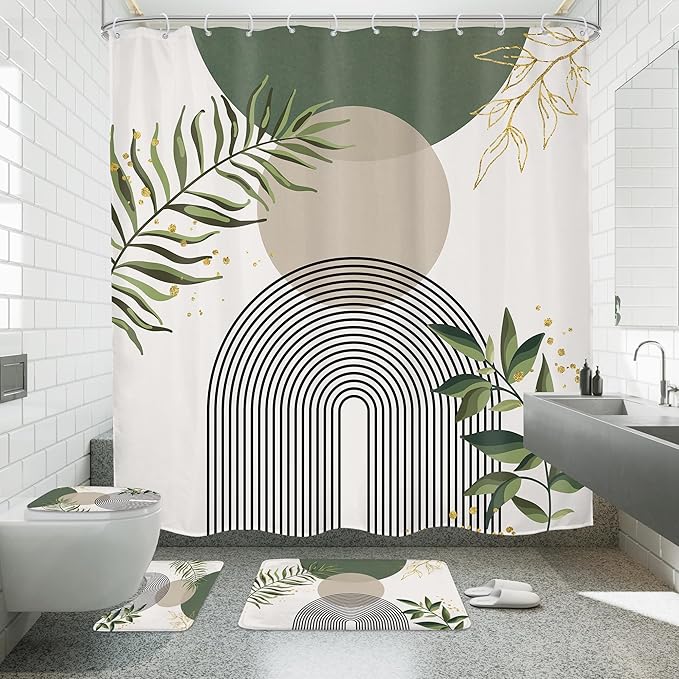 4 PCS Green Boho 72Wx72H Shower Curtain Set Abstract Gold Grey Modern Minimalist Bath Rug Toilet Lid Cover Nonslip U Shape Mat Quick Dry Rubber Backed Dirt Resistant Accessories Bathroom Decor