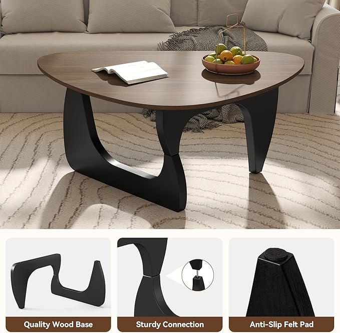 Modern Wood Coffee Table, Triangle Center Table with Premium Wooden Top& Unique Base, 35.5” Small Mid Century Tea Tables for Living Room, Apartment, Office,Walnut & Black