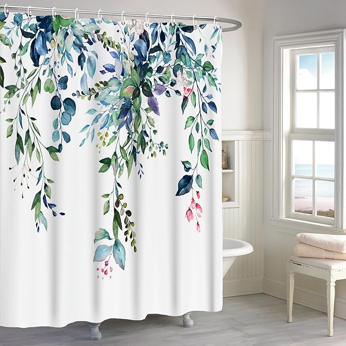 Eucalyptus Shower Curtain, Watercolor Sage Green Leaf Plant Floral Spring Nature Waterproof Machine Washable with Hooks for Bathroom Bathtub 72x72