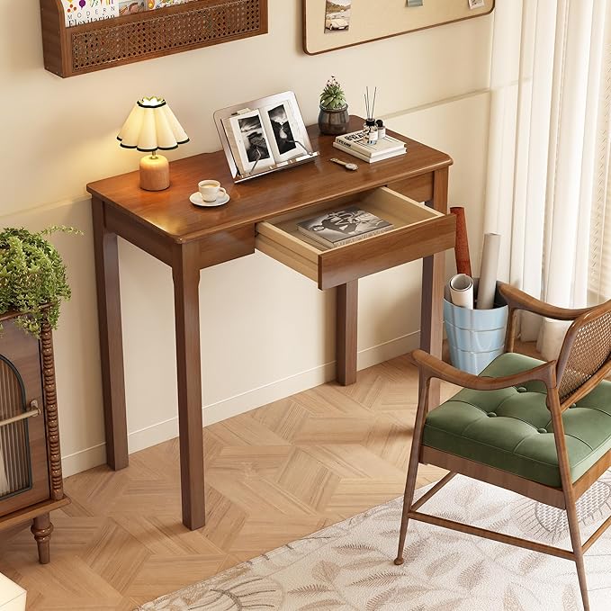 Solid Wood Desk with Drawers - 32 x 16 Inch Vintage Narrow Desks, Mid Century Modern Desks, Rubber Wood Study Table, Small Writing Desk for Bedroom|Small Spaces - Walnut Color