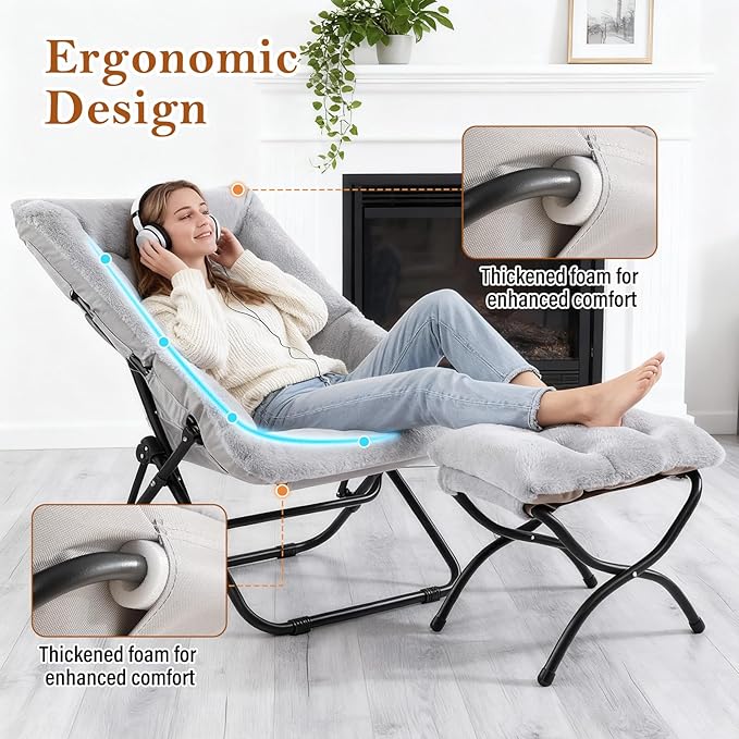 Furlide Saucer Chair with Ottoman, Oversized Foldable Faux Fur Chair, X-Large Soft Dorm Chair, Patio, Study, Playroom (Grey)