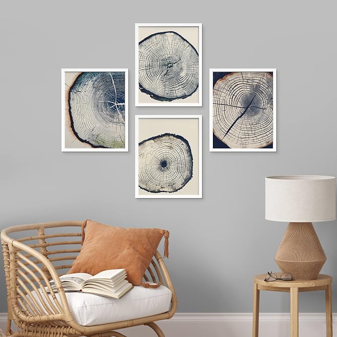 SIGNWIN Framed Blue & White Overexposed Wood Tree Ring Wall Art, Set of 4 Nature Wildernes Wall Decor Prints, Minimalism Wall Décor for Living Room, Bedroom - 11"x14" White