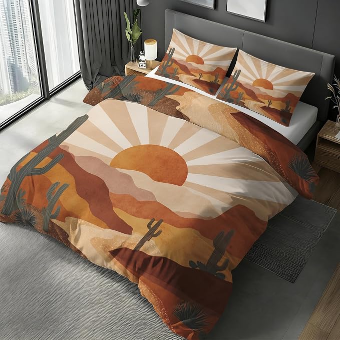 Boho Sun Duvet Cover California King Size, Mid Century Bedding Set 3 pcs with 2 Pillow Covers, Retro 70s Bedroom Decor, Soft Microfiber Reversible, Zipper & Ties KJJT 81
