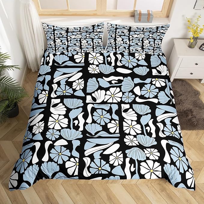 Erosebridal Vintage Abstract Boho Toddler Bedding Set Mid Century Retro Plants Floral Duvet Cover White Black Blue Geometric Patchwork Comforter Cover For Kids Adults,Modern Abstract Aesthetic Bed Set