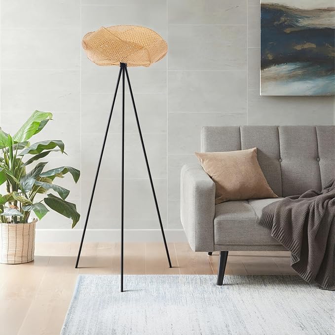 Handwoven Tripod Floor Lamp, Boho Bamboo Woven Lotus Shade Tall Standing Lamp, Black Metal Base for Living Room Bedroom Entryway, E26 Socket (Natural)