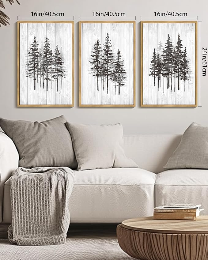 KUVIOKE Woodcut Pine Tree Framed Wall Art Nature Abstract Forest Wall Decor Rustic Minimalist Painting for Bedroom Dining Room 16x24in (Natural Framed)