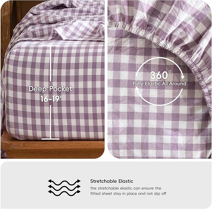 MooMee Gingham Sheet Set 100% Washed Cotton Linen Like Textured Breathable Soft w/Fully Elasticized 16-19" Deep Pocket (Classic Gingham Light Purple, King)