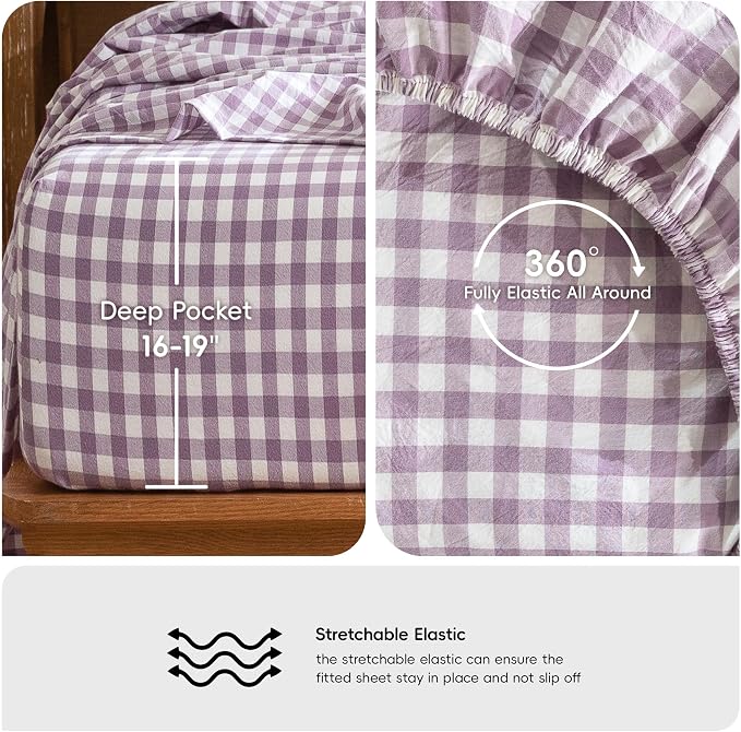 MooMee Gingham Sheet Set 100% Washed Cotton Linen Like Textured Breathable Soft w/Fully Elasticized 16-19" Deep Pocket (Classic Gingham Light Purple, Queen)